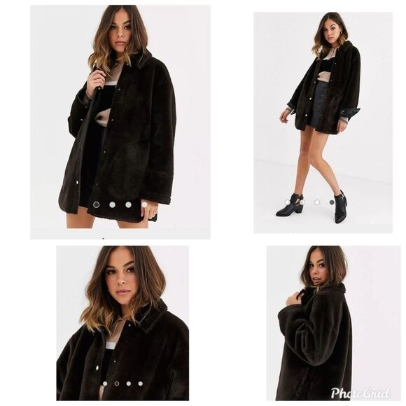 NWT ASOS Pull&Bear faux fur jacket with poppers in chocolate Size Small - Picture 1 of 10